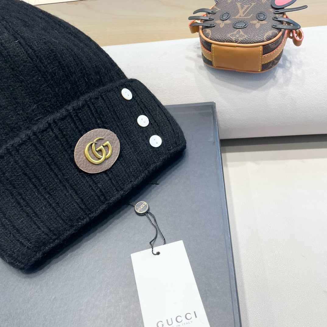 古奇Gucci大头围条纹纽扣毛线帽女秋冬保暖显白绿色大版冷帽显脸小针织帽男