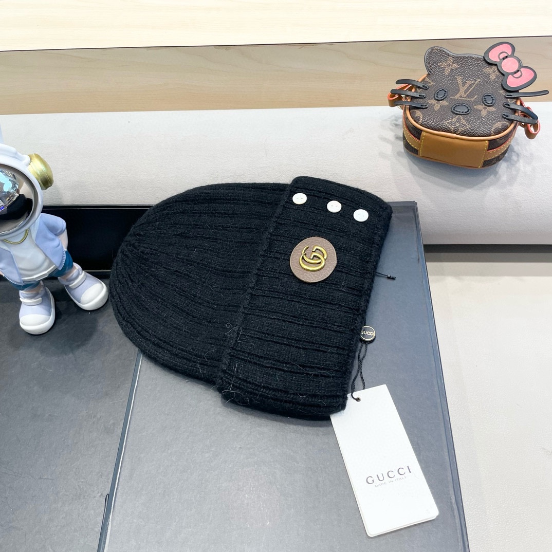 古奇Gucci大头围条纹纽扣毛线帽女秋冬保暖显白绿色大版冷帽显脸小针织帽男