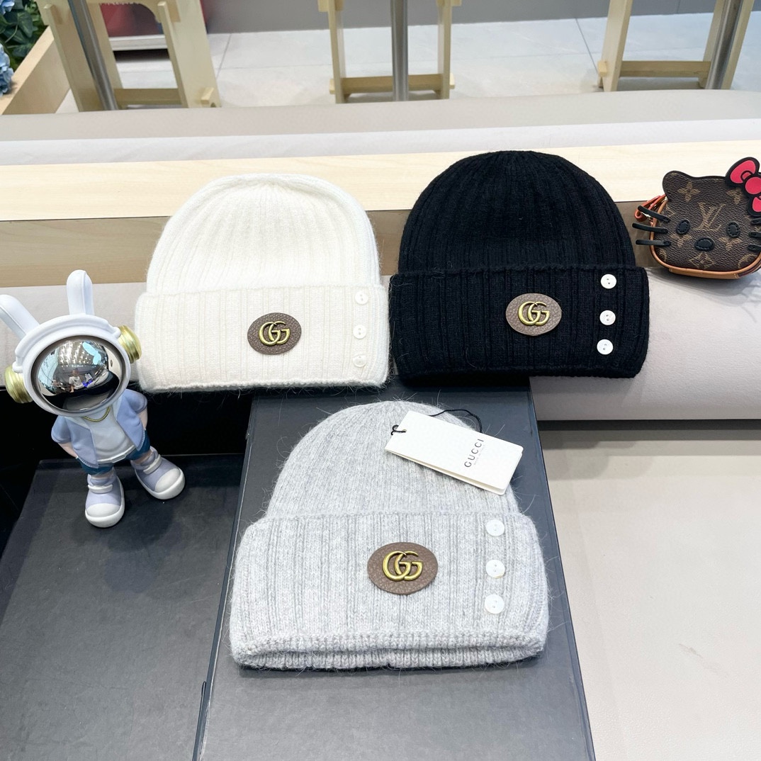 古奇Gucci大头围条纹纽扣毛线帽女秋冬保暖显白绿色大版冷帽显脸小针织帽男