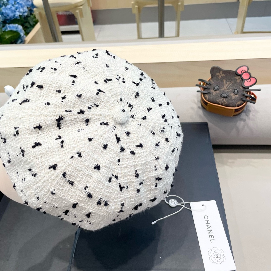 Chanel2024秋冬季新款八角帽女韩版百搭网红帽子英伦格子日系贝雷帽春秋