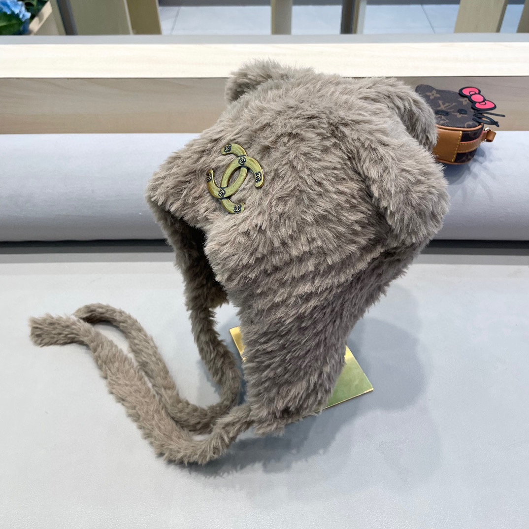 Chanel 小熊耳朵绑带帽子女毛绒秋冬季保暖护耳针织毛线帽显脸小套头冷帽