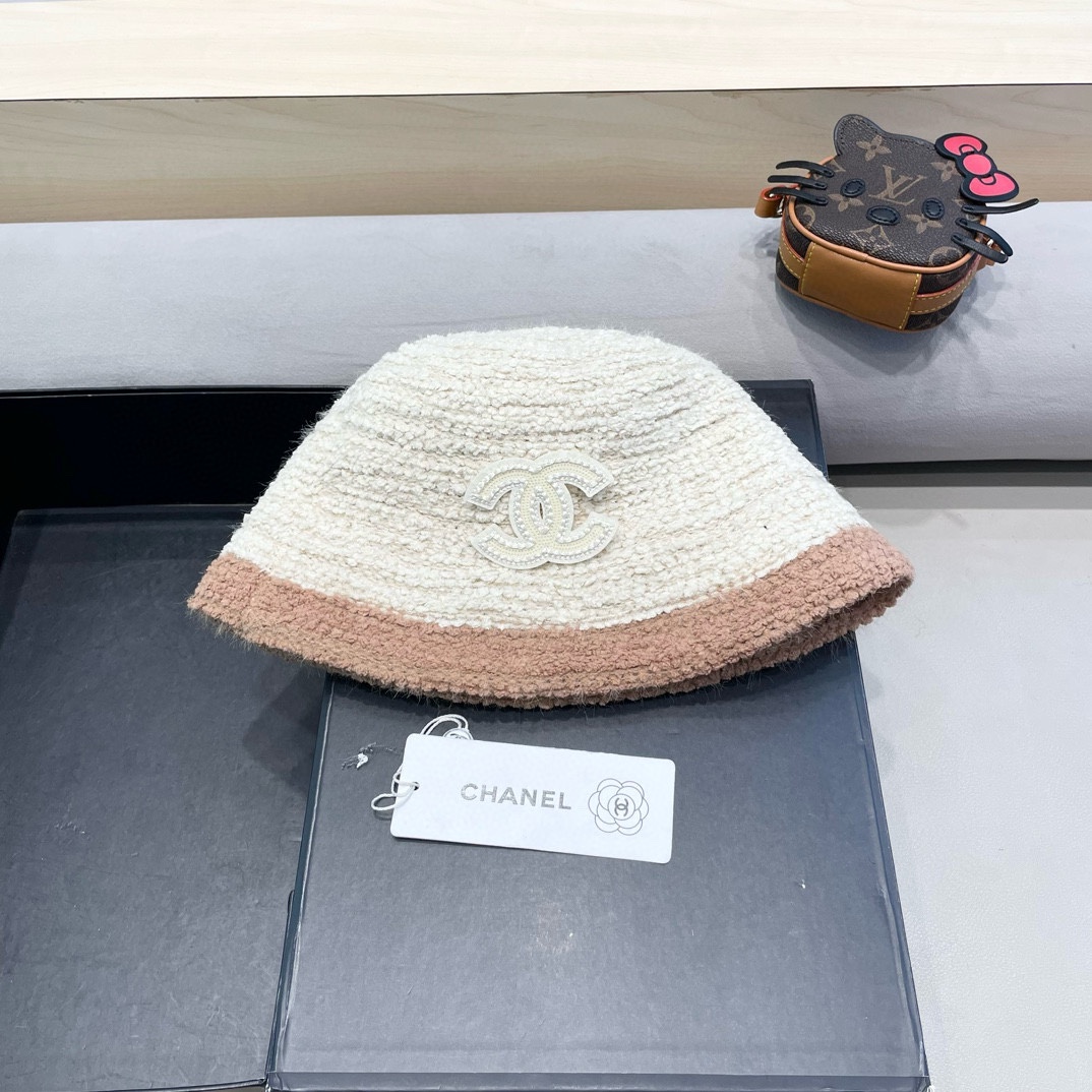 Chanel香奈儿毛绒渔夫帽女秋冬保暖时尚水桶帽子素颜拼色针织盆帽显脸小