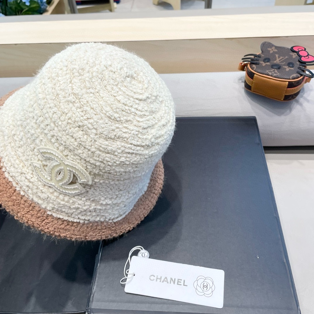 Chanel香奈儿毛绒渔夫帽女秋冬保暖时尚水桶帽子素颜拼色针织盆帽显脸小
