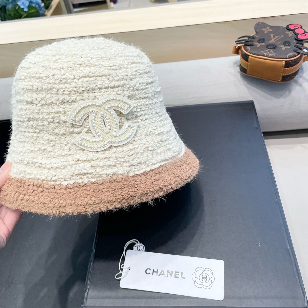 Chanel香奈儿毛绒渔夫帽女秋冬保暖时尚水桶帽子素颜拼色针织盆帽显脸小