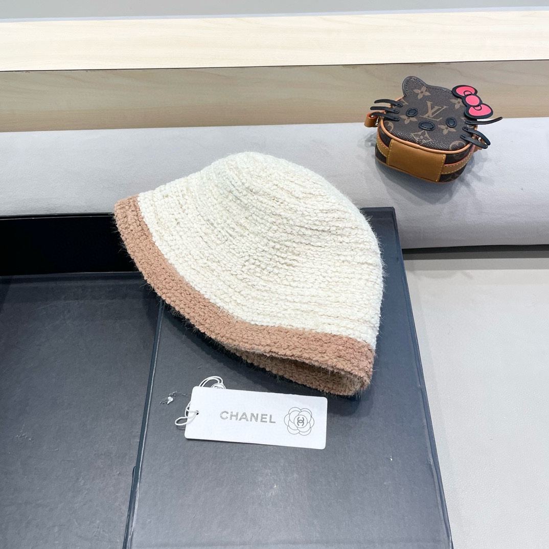 Chanel香奈儿毛绒渔夫帽女秋冬保暖时尚水桶帽子素颜拼色针织盆帽显脸小