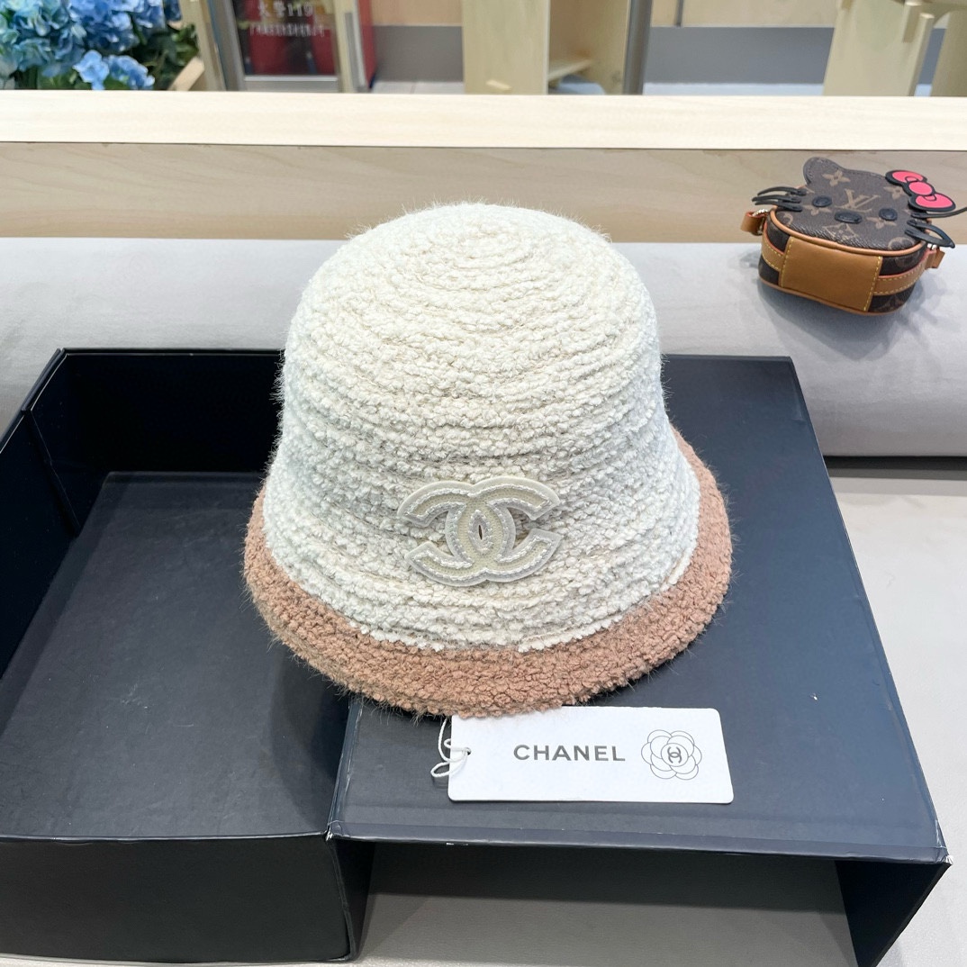 Chanel香奈儿毛绒渔夫帽女秋冬保暖时尚水桶帽子素颜拼色针织盆帽显脸小
