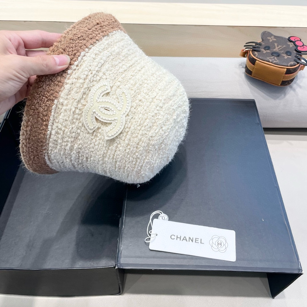 Chanel香奈儿毛绒渔夫帽女秋冬保暖时尚水桶帽子素颜拼色针织盆帽显脸小