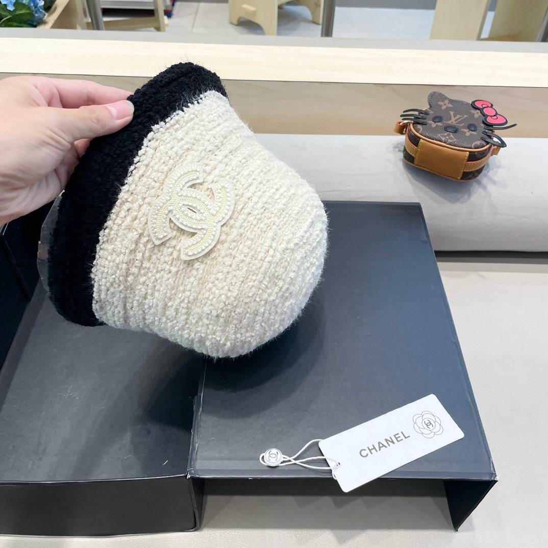 Chanel香奈儿毛绒渔夫帽女秋冬保暖时尚水桶帽子素颜拼色针织盆帽显脸小