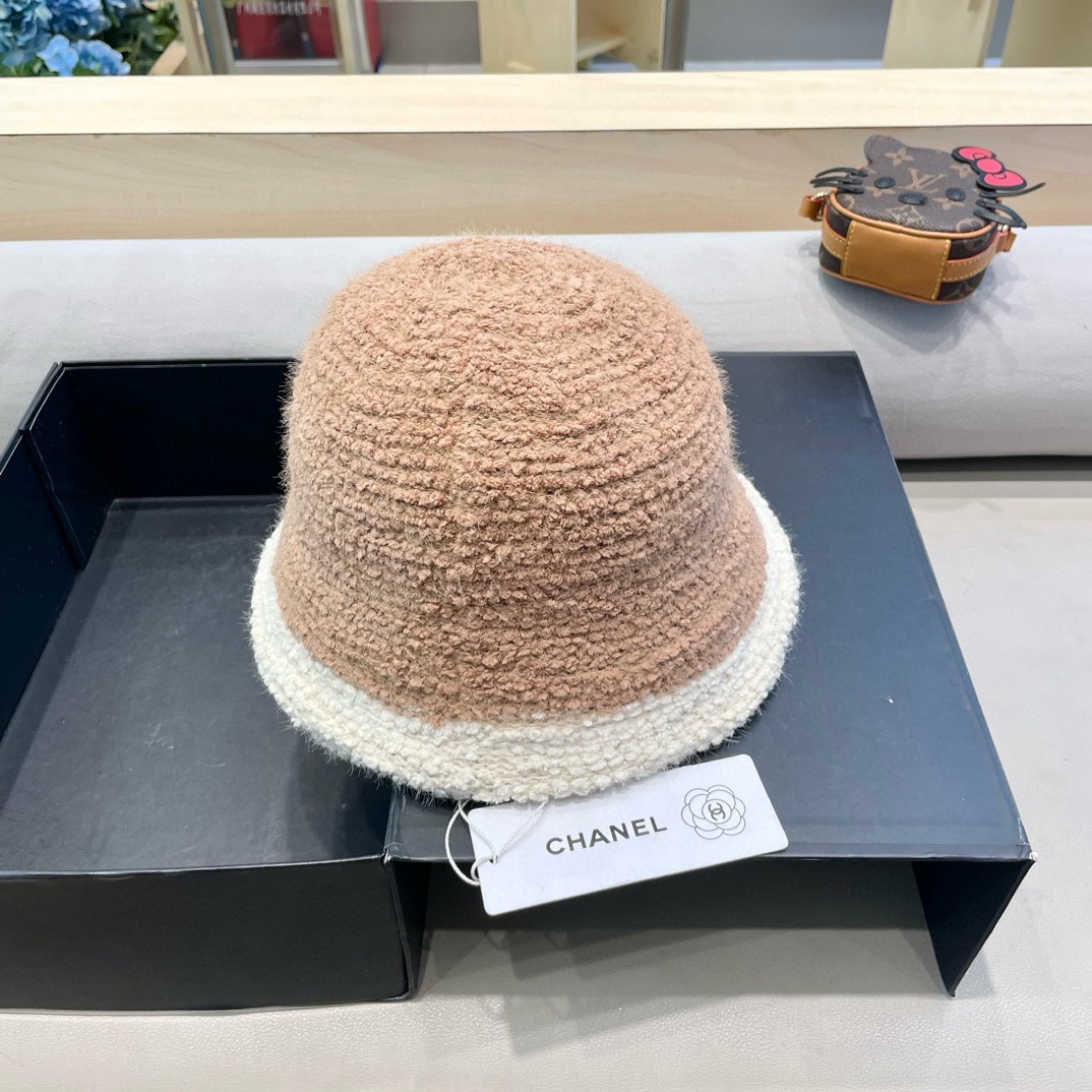 Chanel香奈儿毛绒渔夫帽女秋冬保暖时尚水桶帽子素颜拼色针织盆帽显脸小