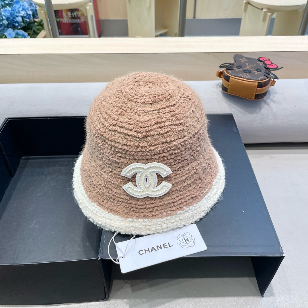 Chanel香奈儿毛绒渔夫帽女秋冬保暖时尚水桶帽子素颜拼色针织盆帽显脸小