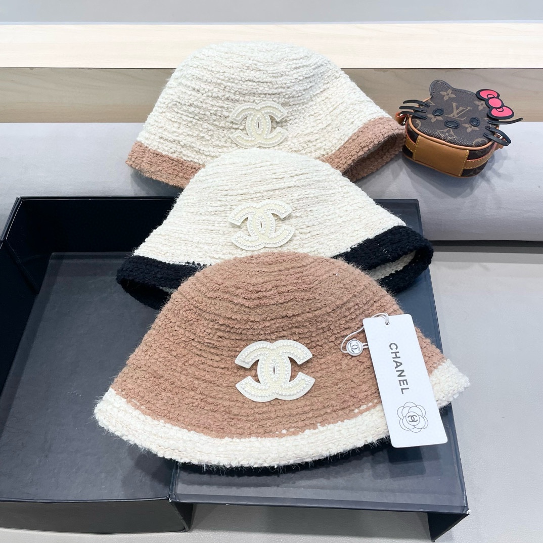 Chanel香奈儿毛绒渔夫帽女秋冬保暖时尚水桶帽子素颜拼色针织盆帽显脸小
