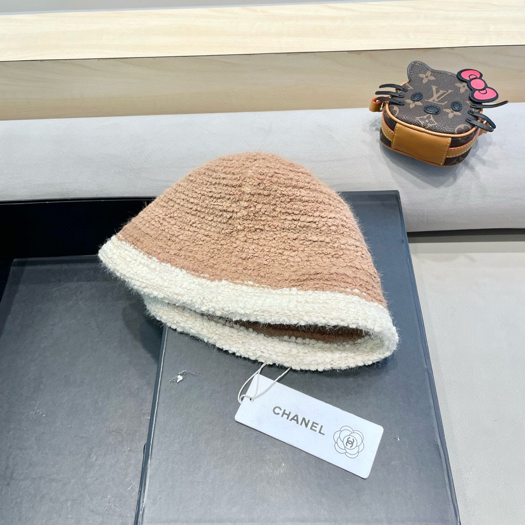 Chanel香奈儿毛绒渔夫帽女秋冬保暖时尚水桶帽子素颜拼色针织盆帽显脸小
