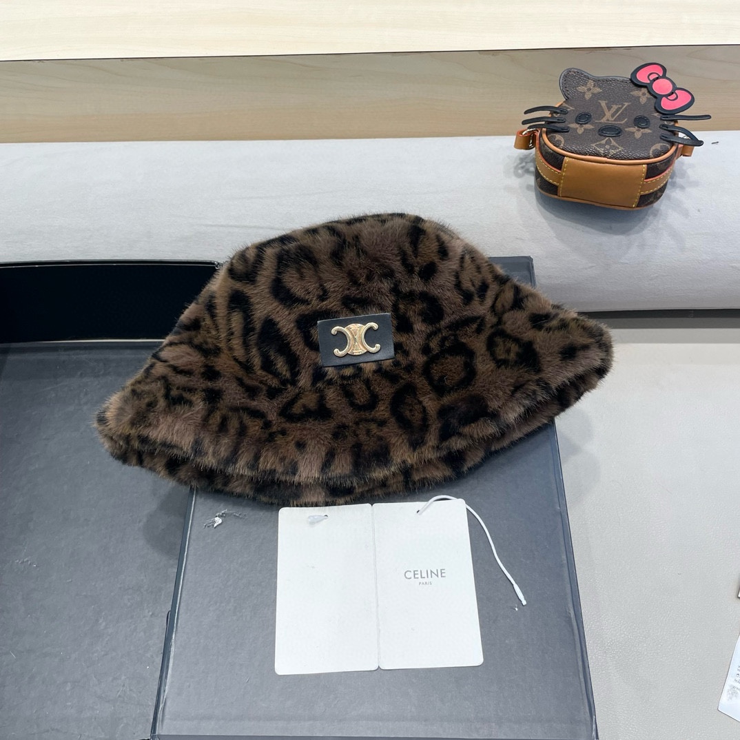celine塞琳秋冬新款时髦渐变豹纹渔夫帽女显脸小加厚保暖毛绒绒盆帽