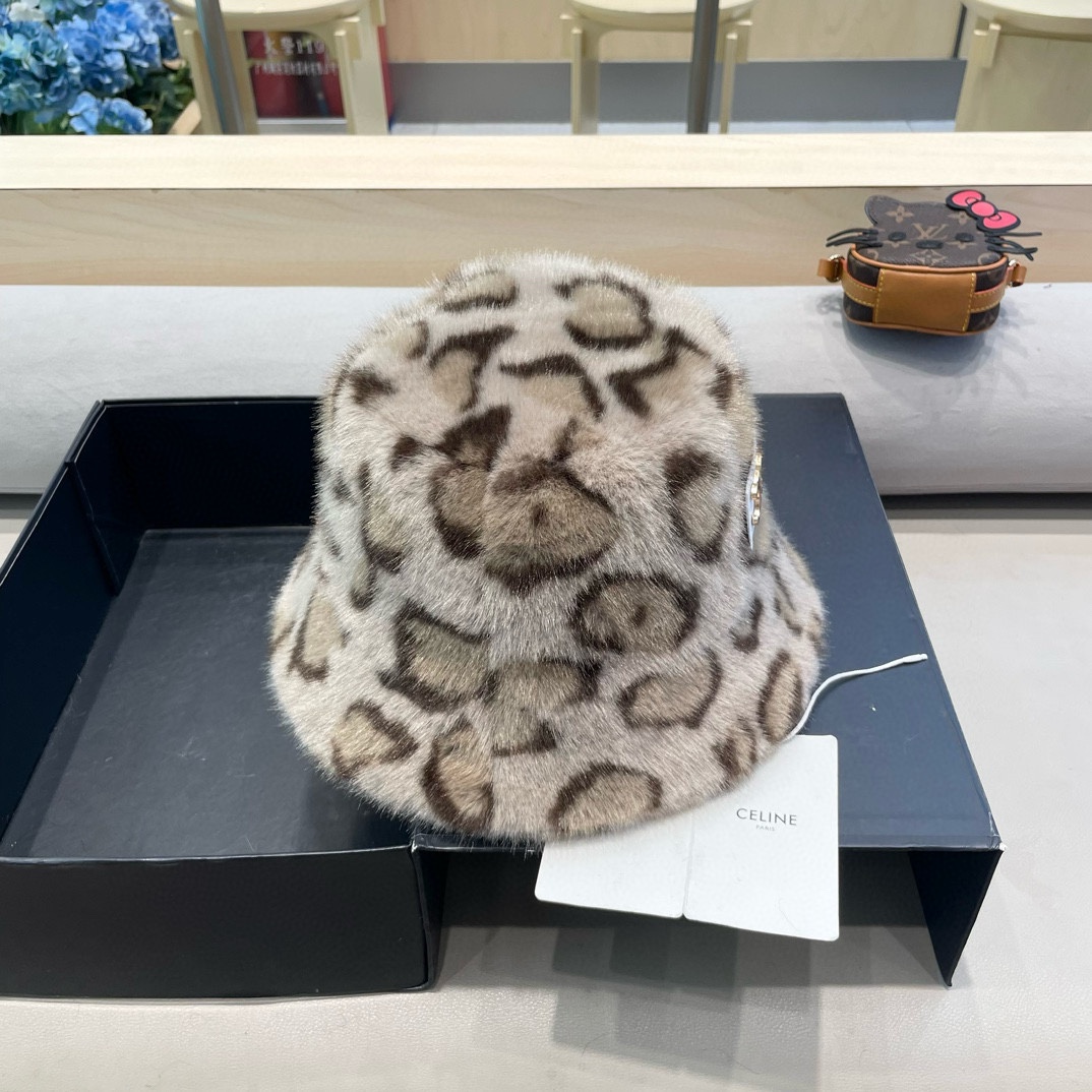 celine塞琳秋冬新款时髦渐变豹纹渔夫帽女显脸小加厚保暖毛绒绒盆帽