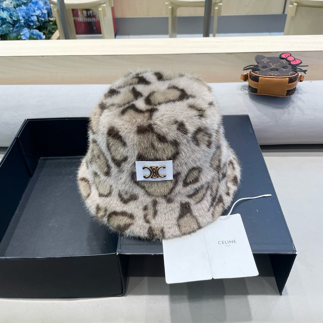 celine塞琳秋冬新款时髦渐变豹纹渔夫帽女显脸小加厚保暖毛绒绒盆帽