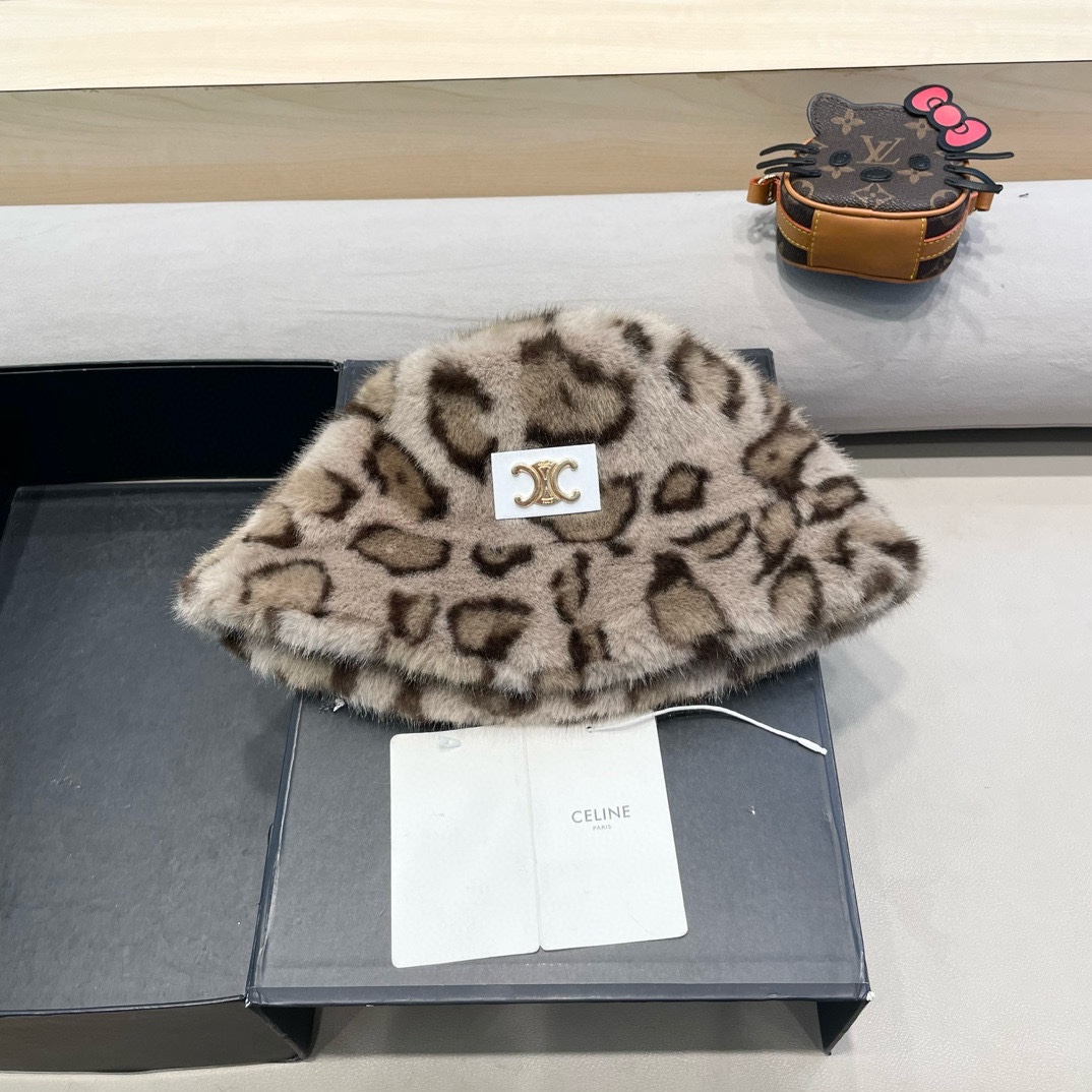 celine塞琳秋冬新款时髦渐变豹纹渔夫帽女显脸小加厚保暖毛绒绒盆帽