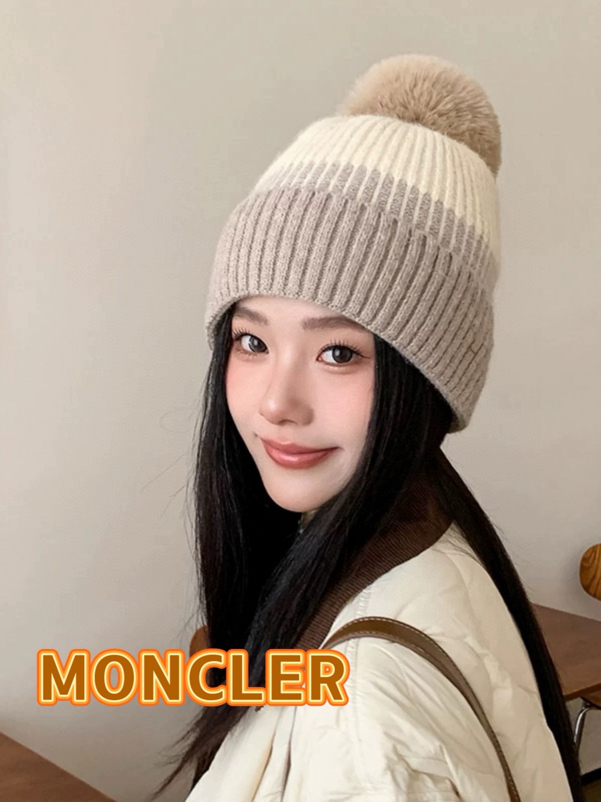 蒙口MONCLER甜美毛球毛线帽子女秋冬季拼色条纹针织帽学生套头帽大头护耳冷帽