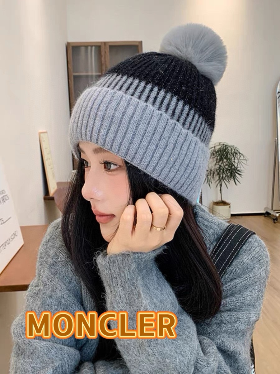 蒙口MONCLER甜美毛球毛线帽子女秋冬季拼色条纹针织帽学生套头帽大头护耳冷帽