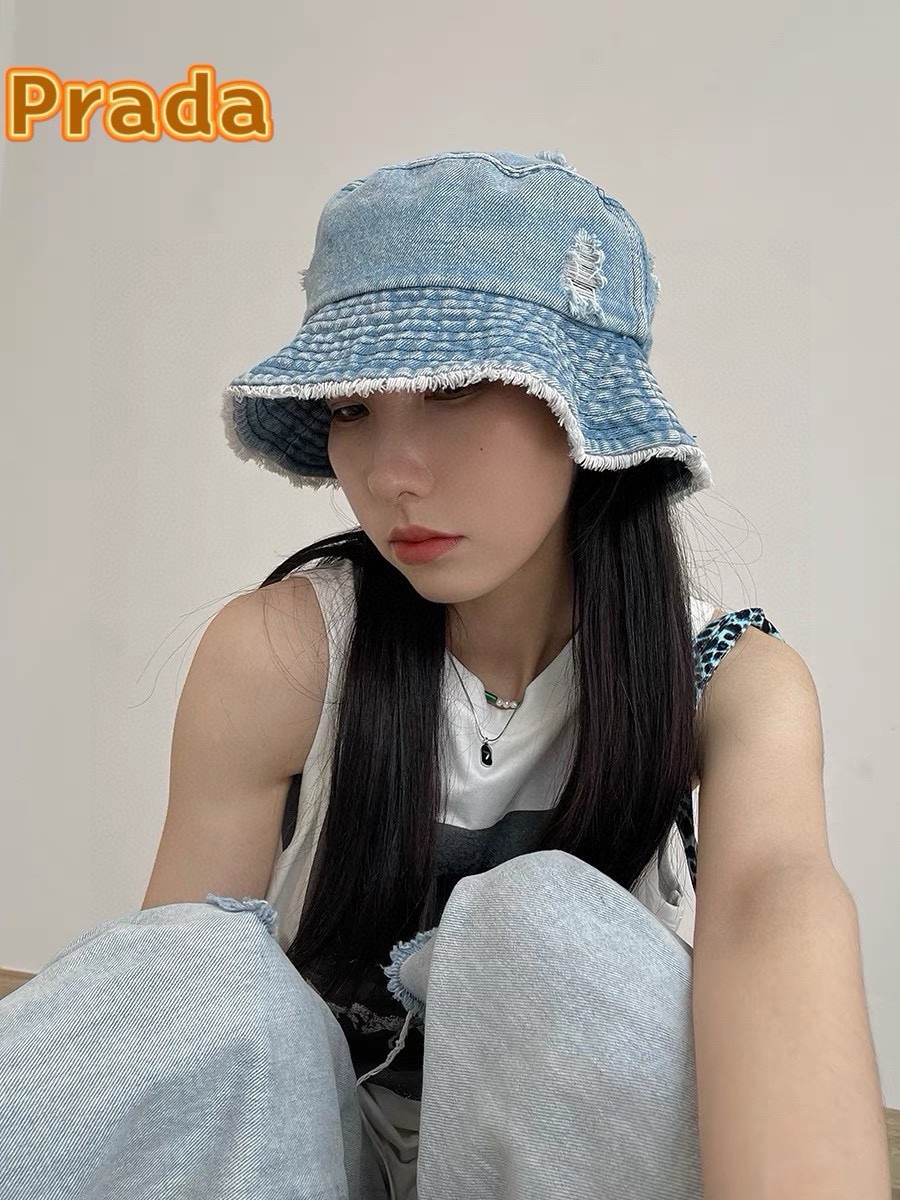 PRADA普拉达 做旧水洗牛仔渔夫帽子女破洞毛边设计街头小众盆帽潮