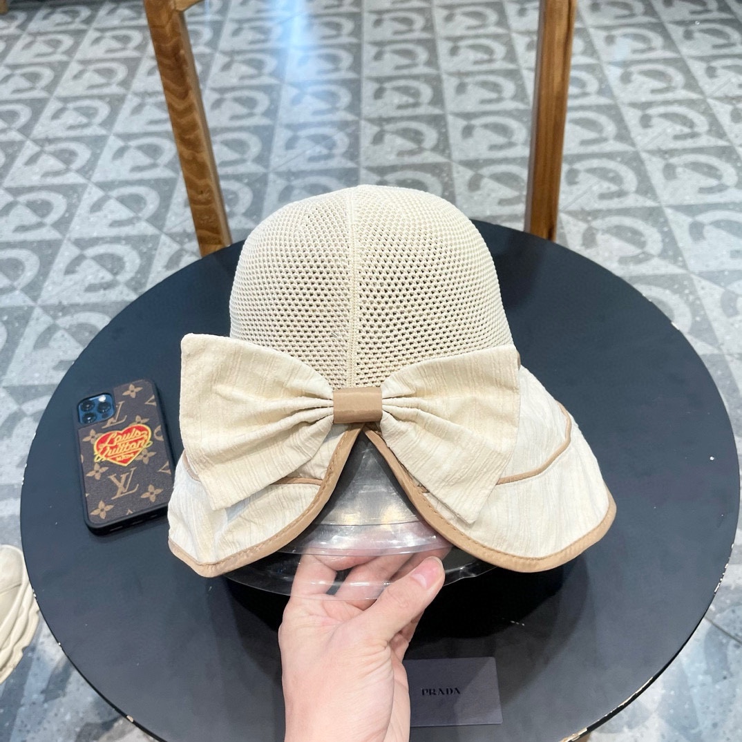  PRADA普拉达 渔夫帽新款夏季女大帽檐防晒帽韩版蝴蝶结透气遮阳帽太阳百搭帽子