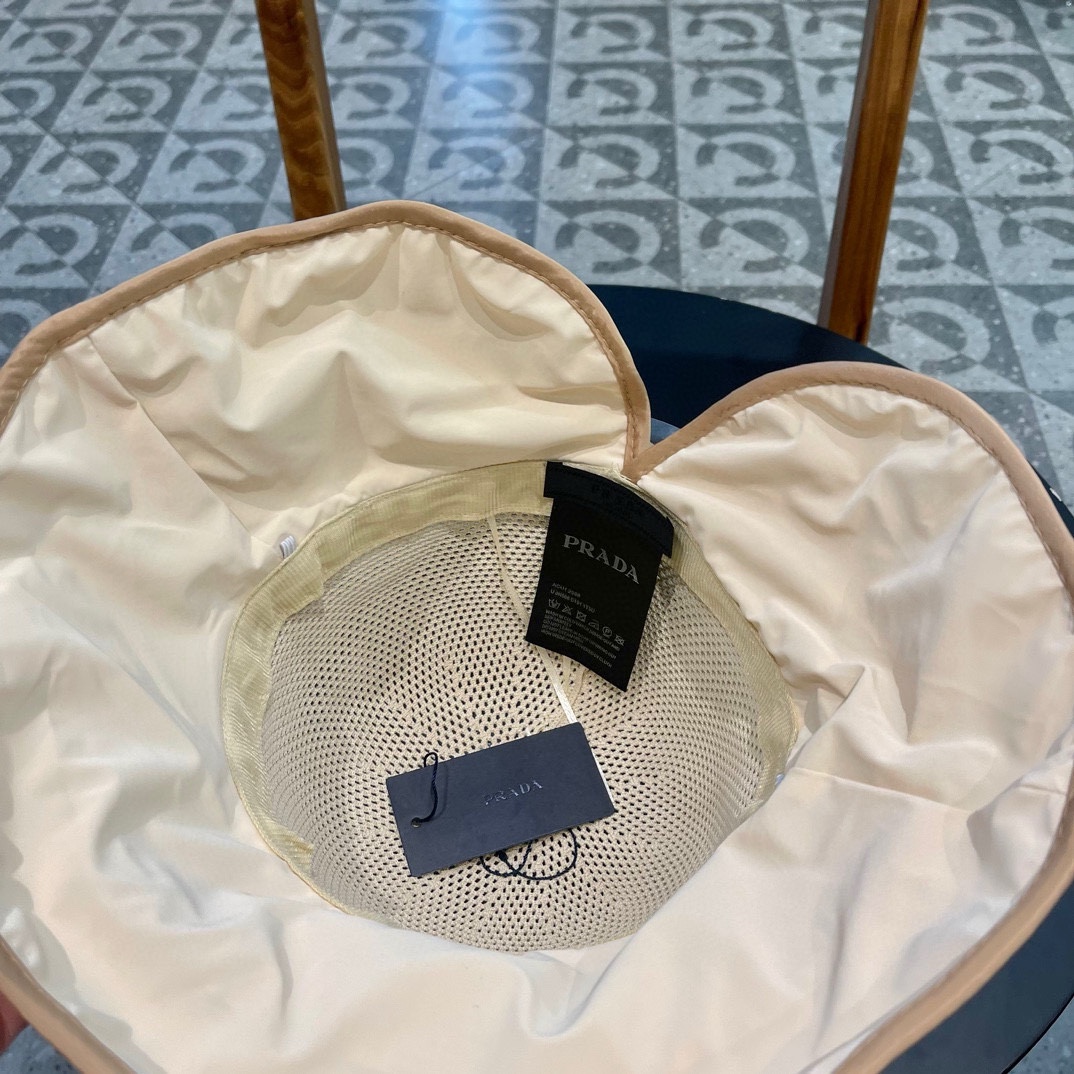  PRADA普拉达 渔夫帽新款夏季女大帽檐防晒帽韩版蝴蝶结透气遮阳帽太阳百搭帽子