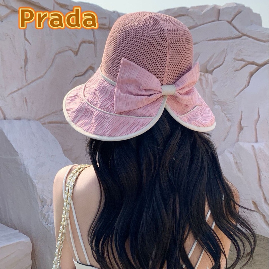  PRADA普拉达 渔夫帽新款夏季女大帽檐防晒帽韩版蝴蝶结透气遮阳帽太阳百搭帽子