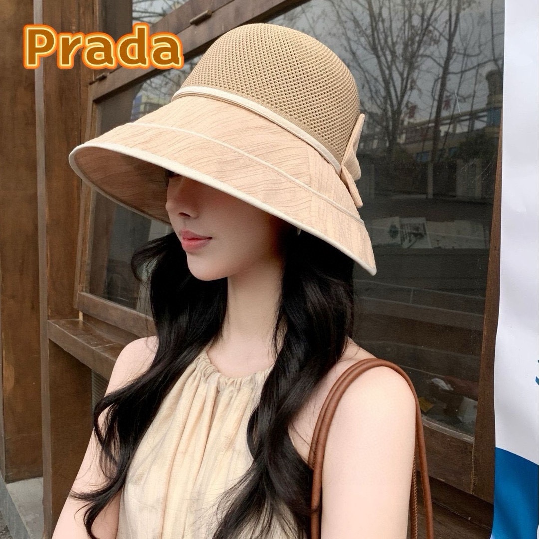  PRADA普拉达 渔夫帽新款夏季女大帽檐防晒帽韩版蝴蝶结透气遮阳帽太阳百搭帽子