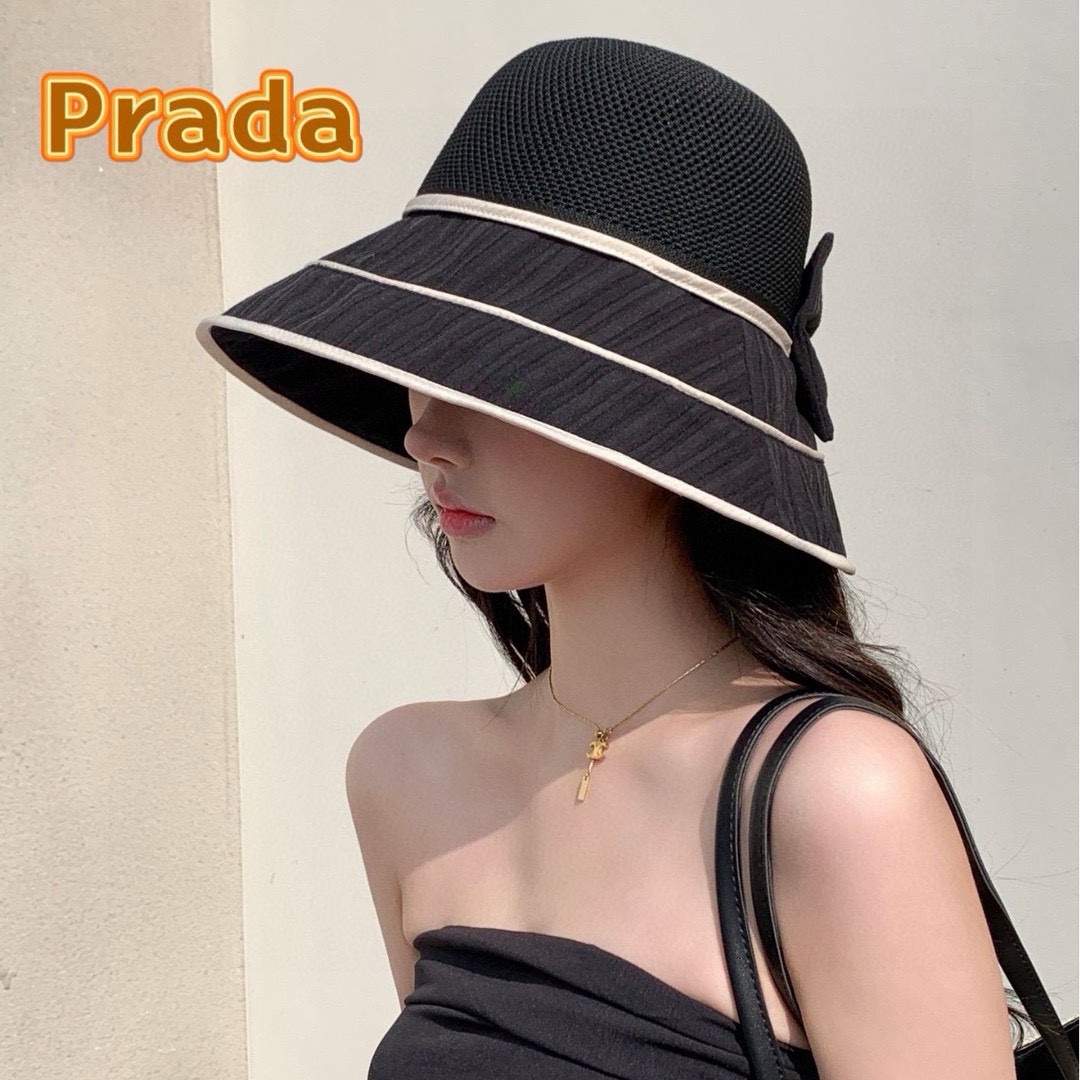  PRADA普拉达 渔夫帽新款夏季女大帽檐防晒帽韩版蝴蝶结透气遮阳帽太阳百搭帽子