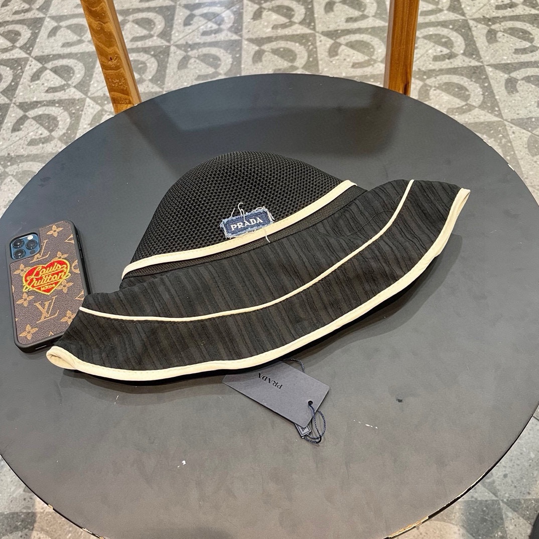  PRADA普拉达 渔夫帽新款夏季女大帽檐防晒帽韩版蝴蝶结透气遮阳帽太阳百搭帽子