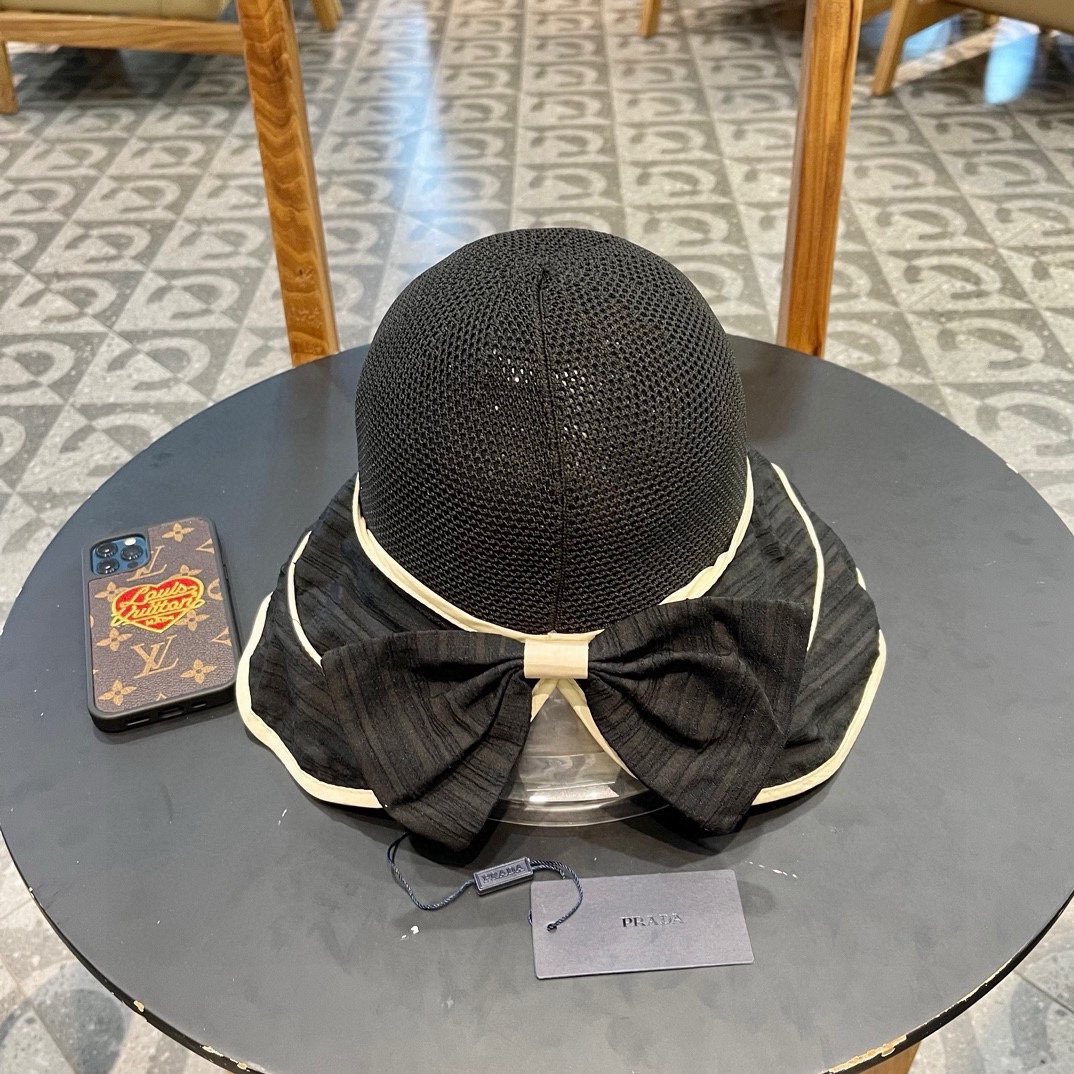  PRADA普拉达 渔夫帽新款夏季女大帽檐防晒帽韩版蝴蝶结透气遮阳帽太阳百搭帽子