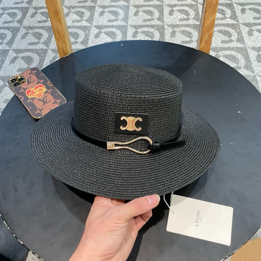 塞琳celien新款草帽，皮带平顶礼帽，头围57cm