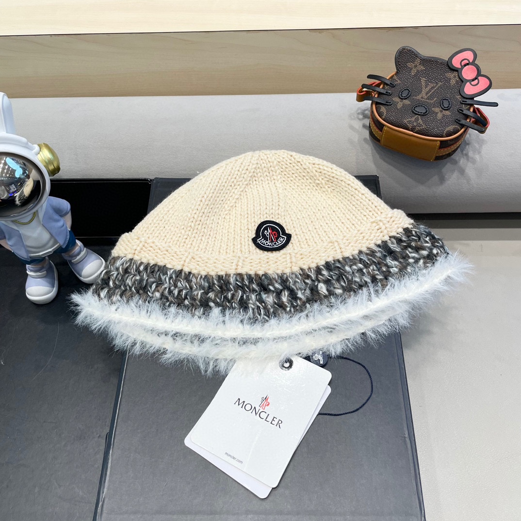MONCLER蒙口复古针织毛边渔夫帽子女秋冬保暖拼色毛线针织盆帽潮