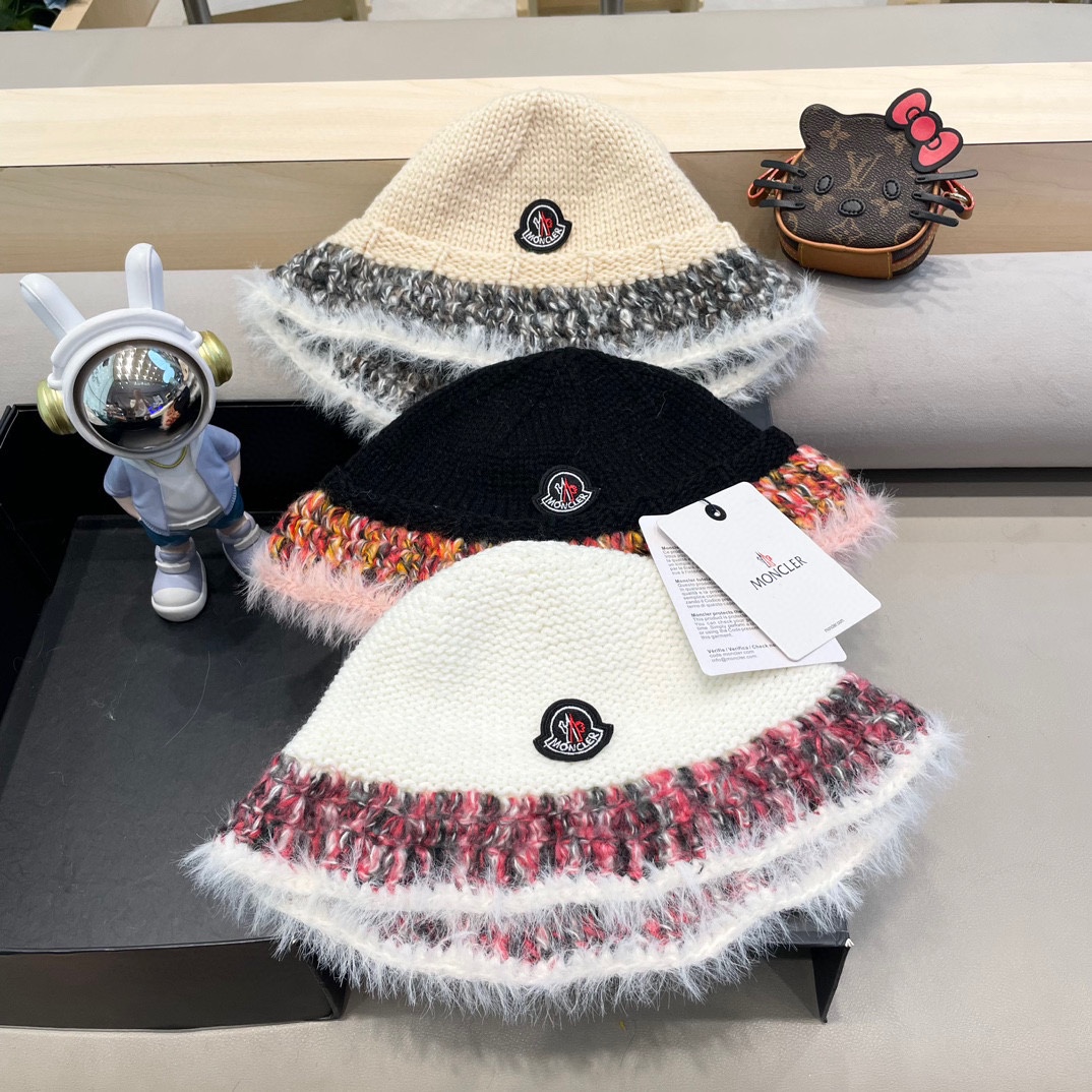 MONCLER蒙口复古针织毛边渔夫帽子女秋冬保暖拼色毛线针织盆帽潮
