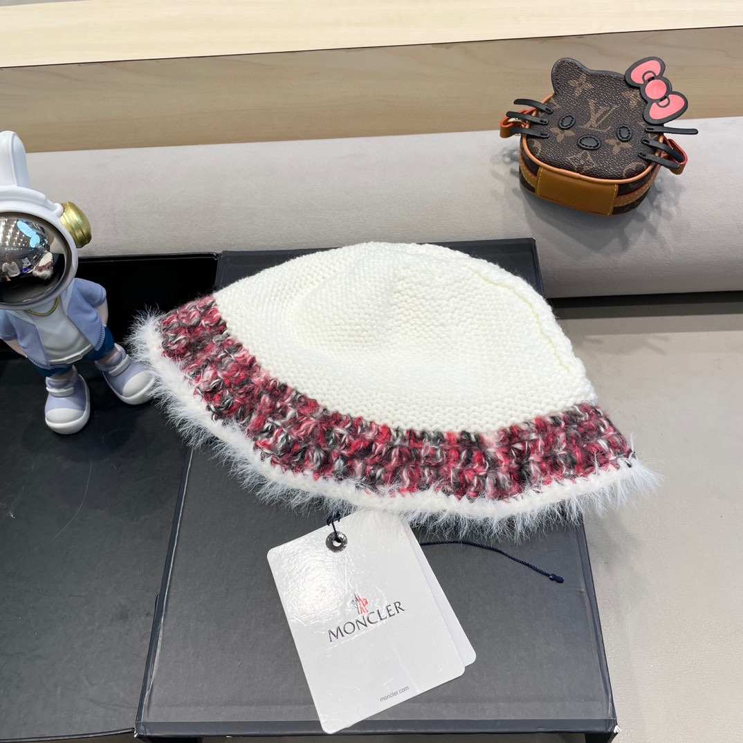 MONCLER蒙口复古针织毛边渔夫帽子女秋冬保暖拼色毛线针织盆帽潮