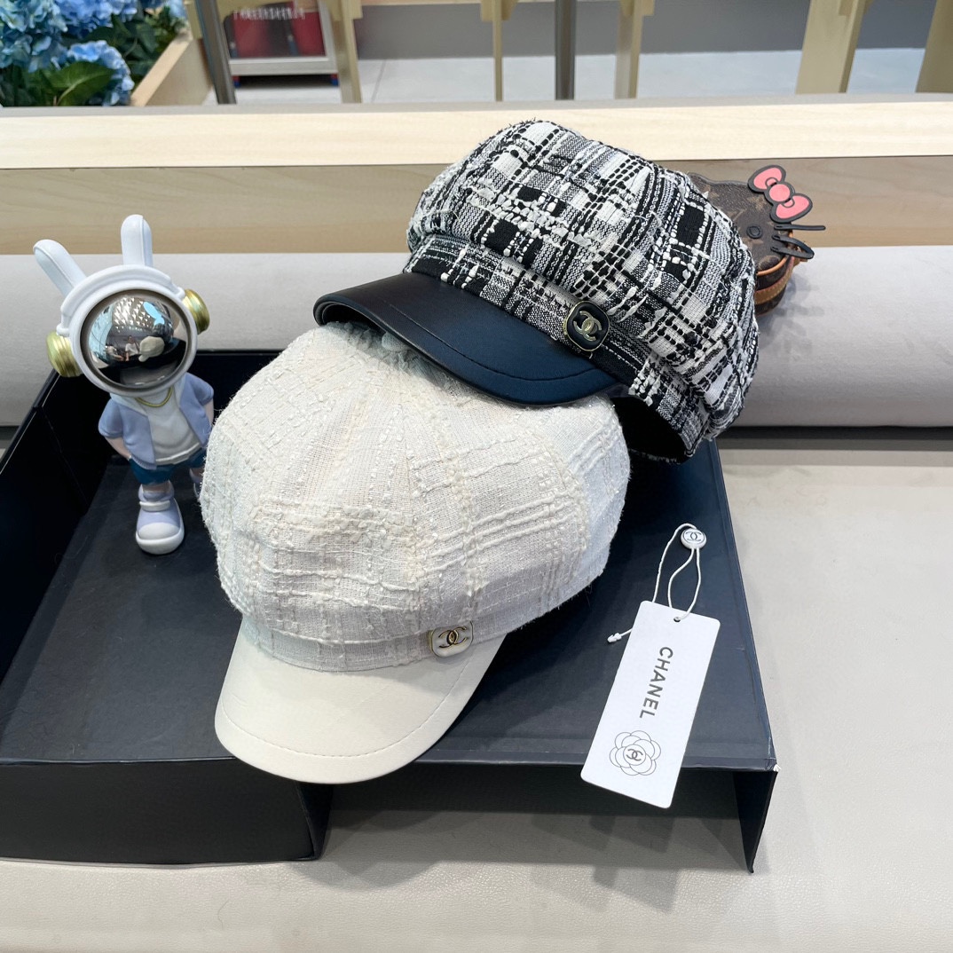 Chanel香奈儿小香风秋冬鸭舌帽女黑色休闲复古画家贝雷帽显脸小云朵八角帽