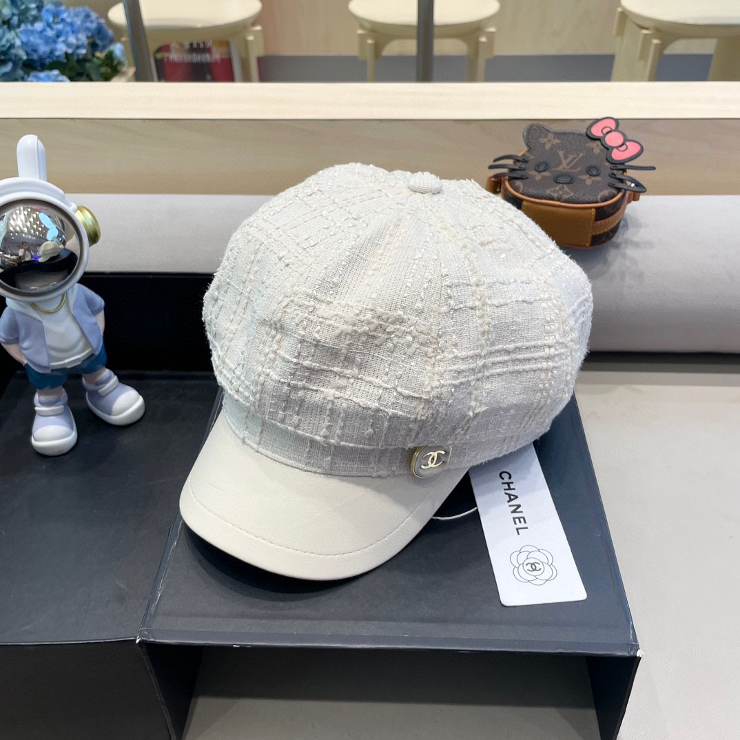 Chanel香奈儿小香风秋冬鸭舌帽女黑色休闲复古画家贝雷帽显脸小云朵八角帽