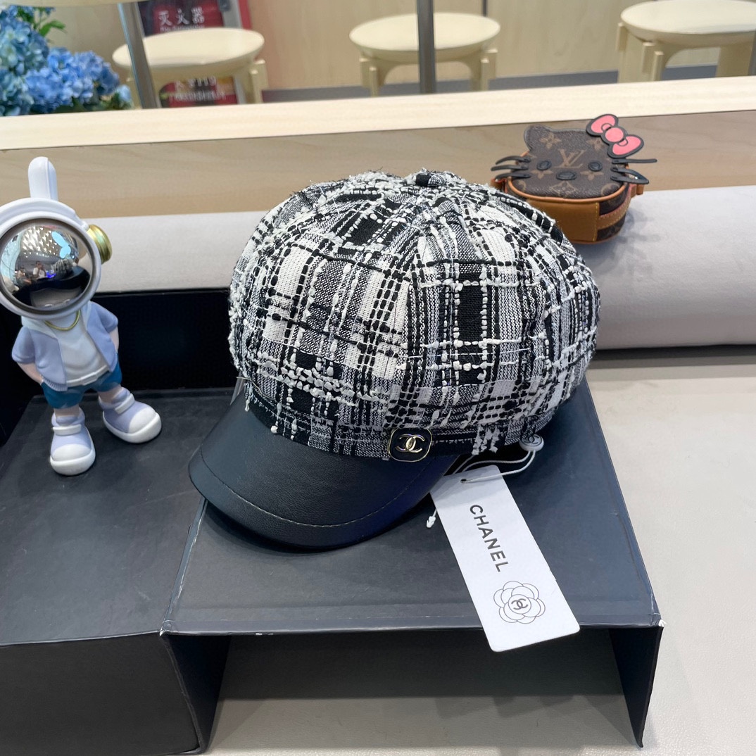 Chanel香奈儿小香风秋冬鸭舌帽女黑色休闲复古画家贝雷帽显脸小云朵八角帽
