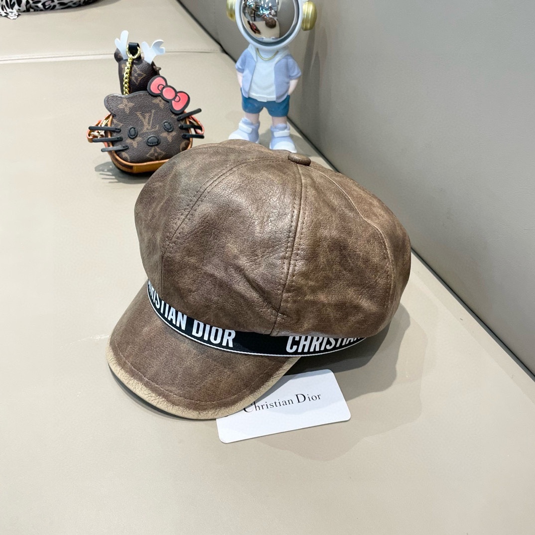 迪奥Dior八角帽子女秋冬季网红贝雷帽英伦复古黑色PU皮质报童帽