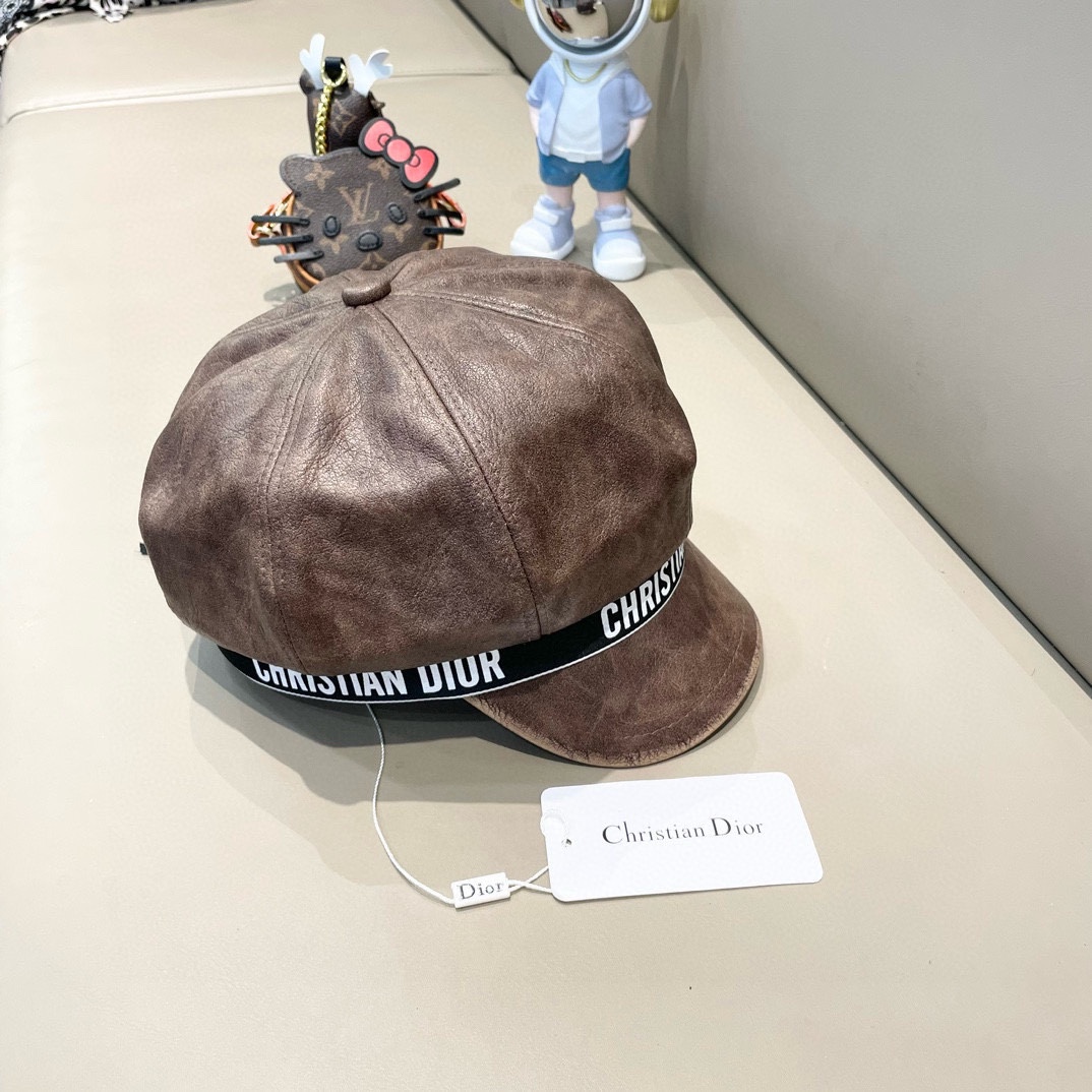 迪奥Dior八角帽子女秋冬季网红贝雷帽英伦复古黑色PU皮质报童帽