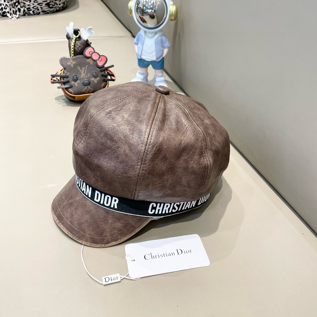 迪奥Dior八角帽子女秋冬季网红贝雷帽英伦复古黑色PU皮质报童帽