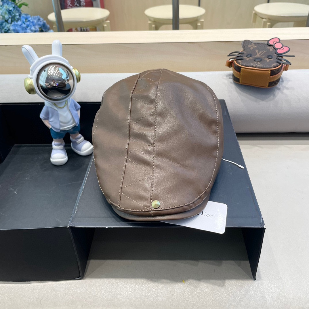 DIOR迪奥美式小众设计品牌百搭皮质画家帽贝雷帽子女春秋时尚潮复古前进帽