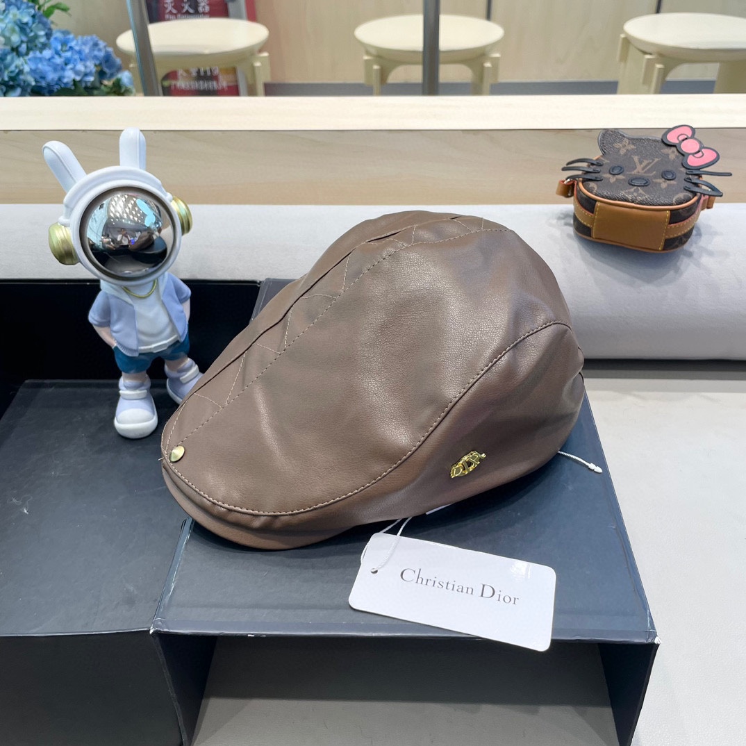 DIOR迪奥美式小众设计品牌百搭皮质画家帽贝雷帽子女春秋时尚潮复古前进帽