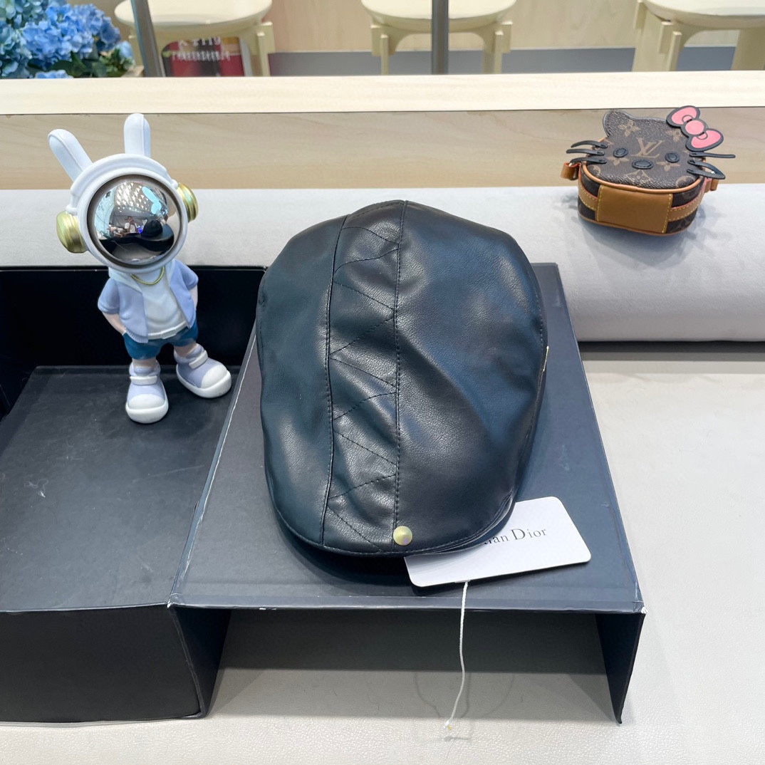 DIOR迪奥美式小众设计品牌百搭皮质画家帽贝雷帽子女春秋时尚潮复古前进帽
