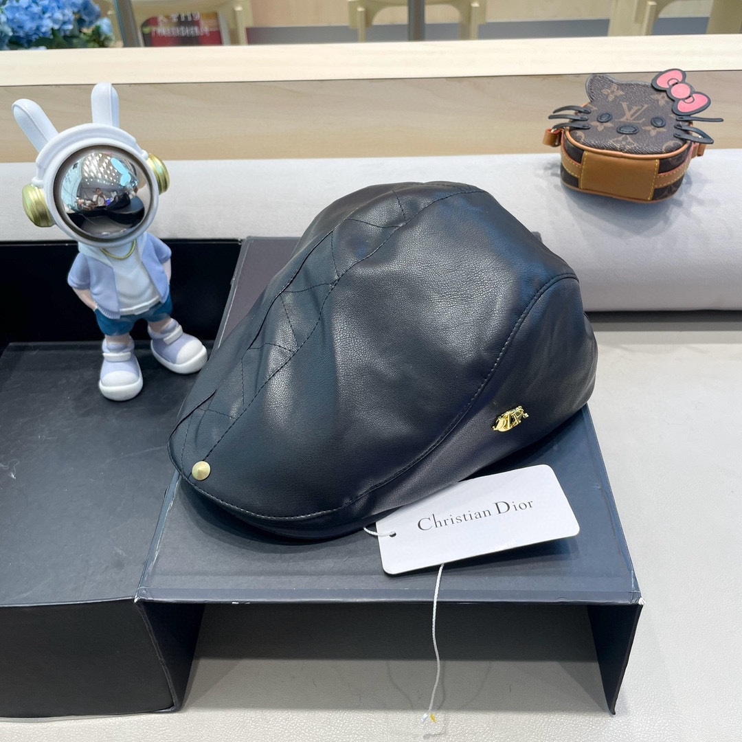DIOR迪奥美式小众设计品牌百搭皮质画家帽贝雷帽子女春秋时尚潮复古前进帽