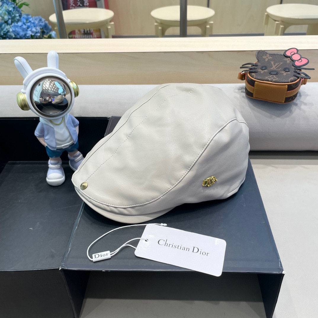 DIOR迪奥美式小众设计品牌百搭皮质画家帽贝雷帽子女春秋时尚潮复古前进帽