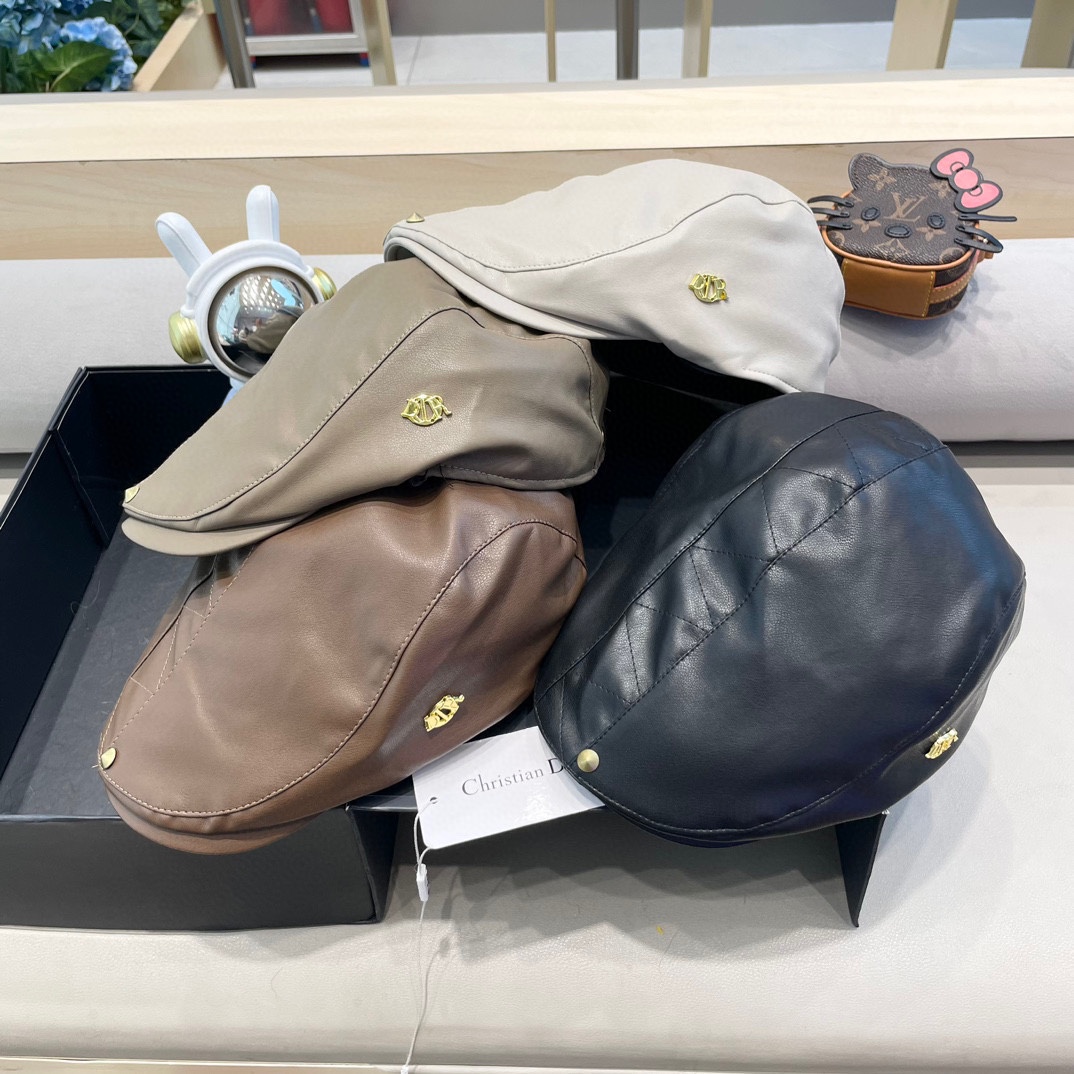 DIOR迪奥美式小众设计品牌百搭皮质画家帽贝雷帽子女春秋时尚潮复古前进帽
