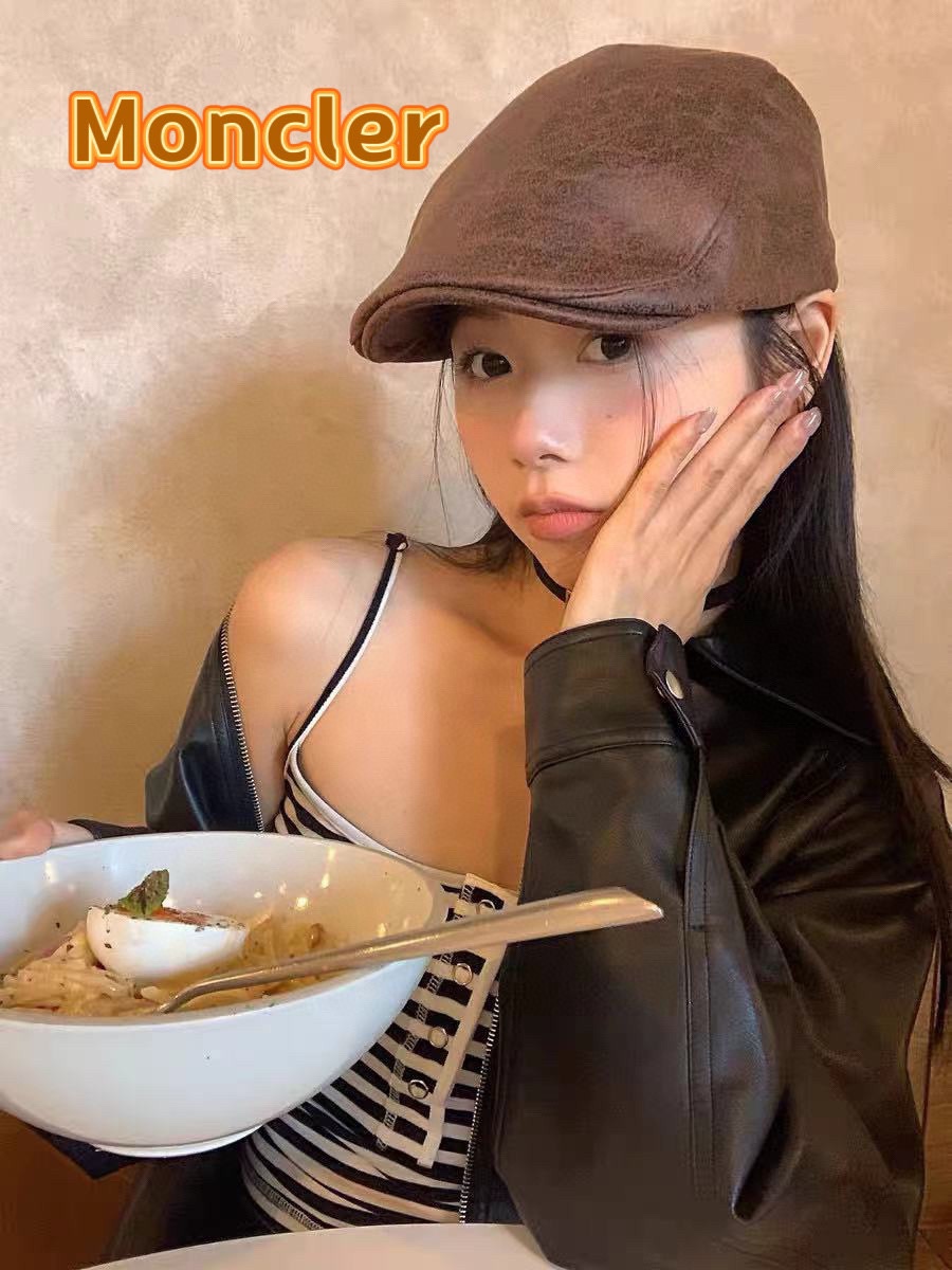 moncler复古ins风皮质前进帽女秋冬休闲百搭画家帽个性显脸小反戴贝雷帽