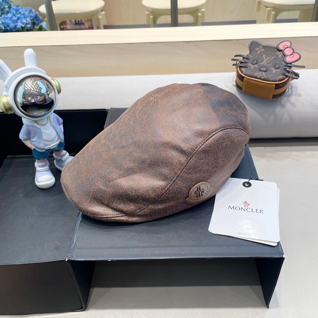 moncler复古ins风皮质前进帽女秋冬休闲百搭画家帽个性显脸小反戴贝雷帽