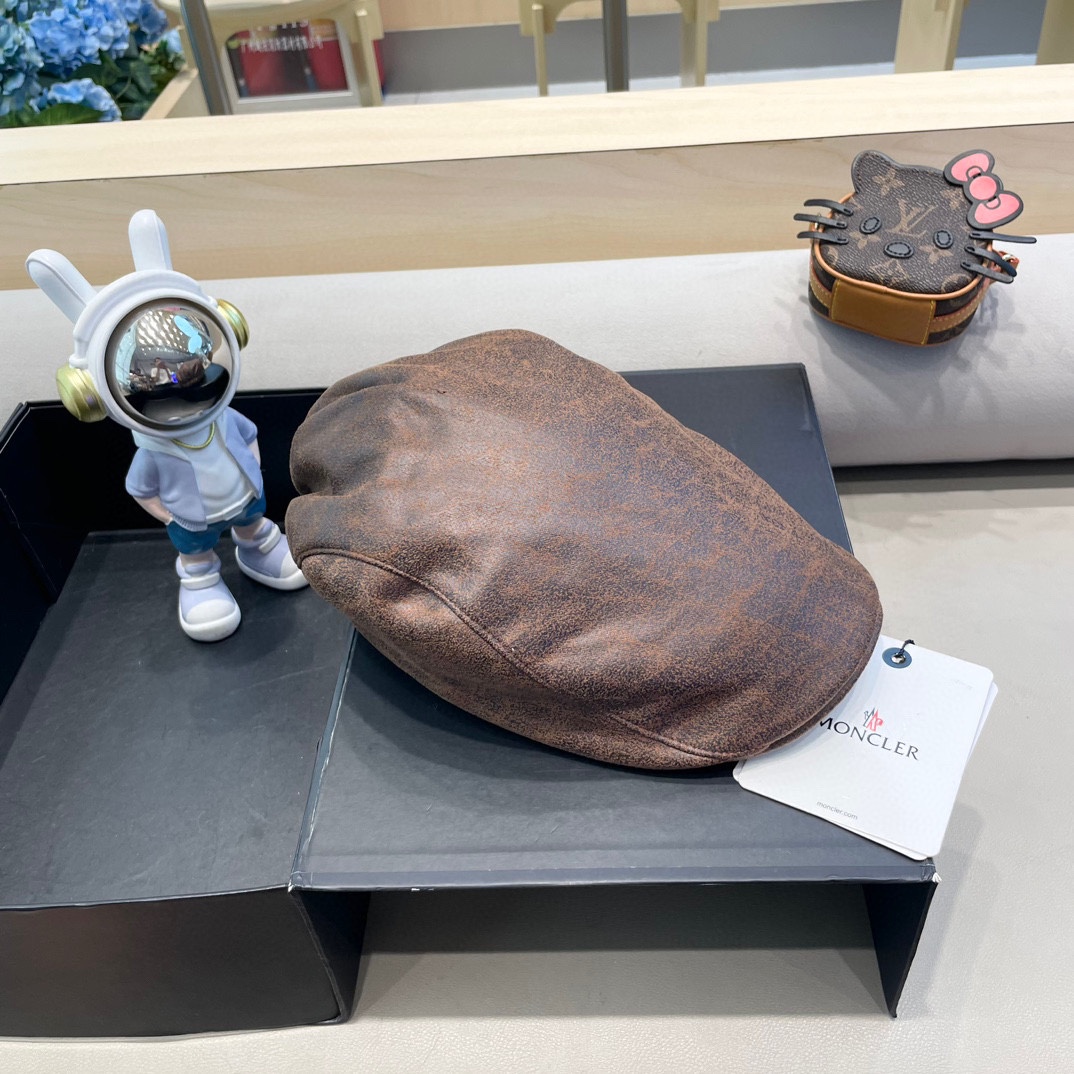 moncler复古ins风皮质前进帽女秋冬休闲百搭画家帽个性显脸小反戴贝雷帽