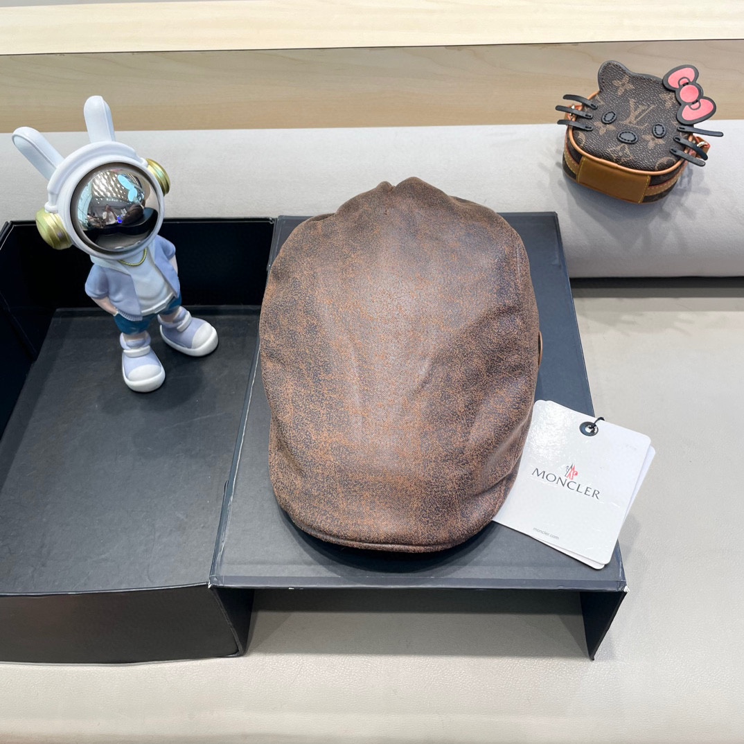 moncler复古ins风皮质前进帽女秋冬休闲百搭画家帽个性显脸小反戴贝雷帽